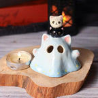 Handbemalter Keramik Gruseliger Katzenfigur Kerzenhalter Niedliche weiße und schwarze Kätzchen Halloween Geschenk