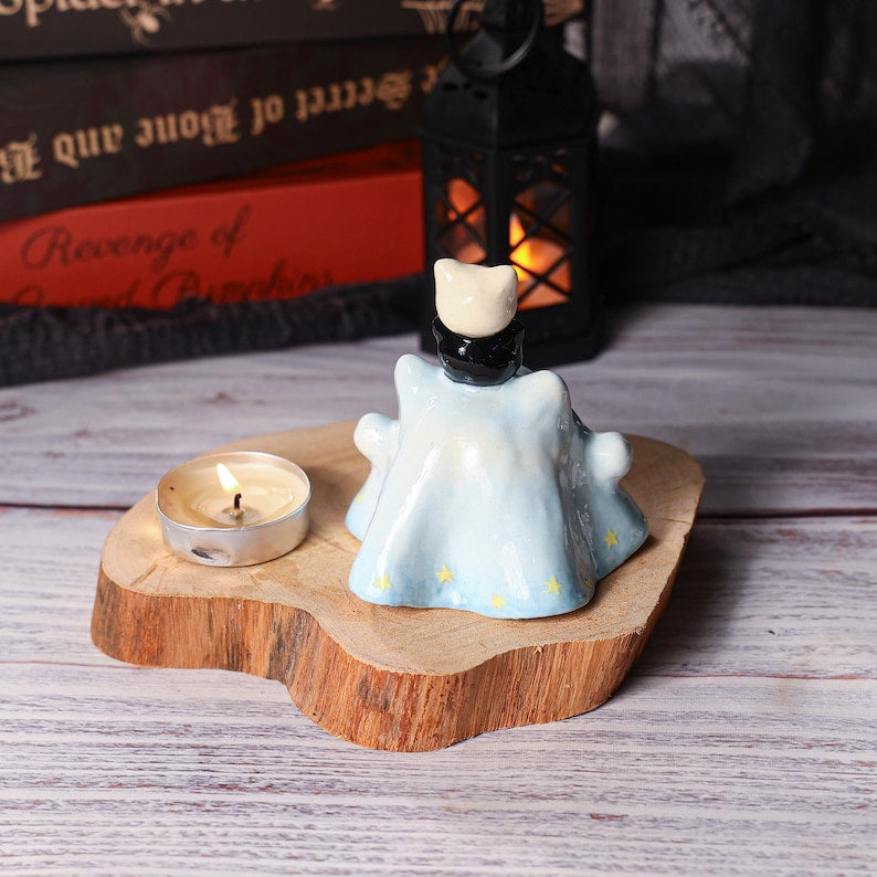 Handbemalter Keramik Gruseliger Katzenfigur Kerzenhalter Niedliche weiße und schwarze Kätzchen Halloween Geschenk