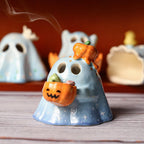 Keramik Kürbis Geist Räuchergefäß Kerzenhalter Halloween Tischdekoration Handgemacht Blau 2er-Set