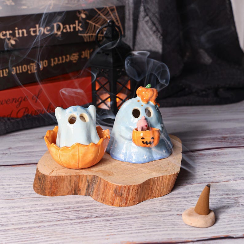 Keramik Kürbis Geist Räuchergefäß Kerzenhalter Halloween Tischdekoration Handgemacht Blau 2er-Set