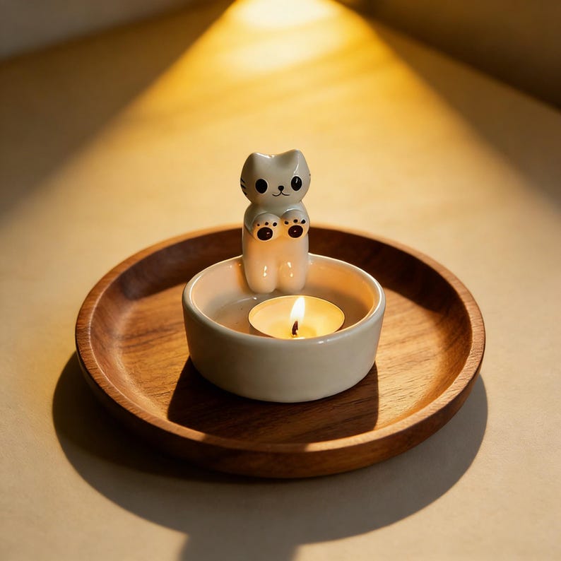 Kerzenhalter Katze Keramik 9,5cm Weiß