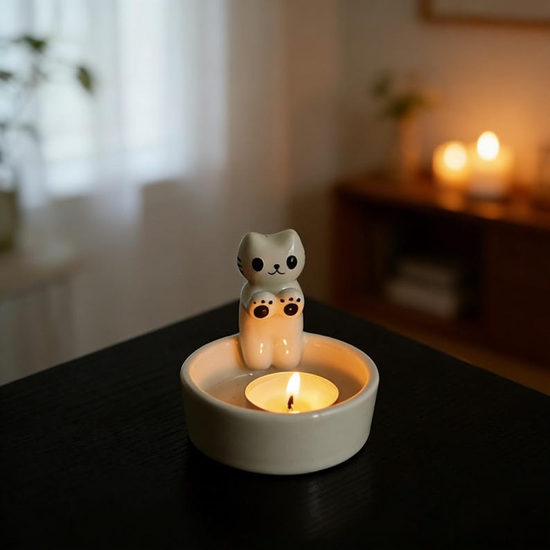 Kerzenhalter Katze Keramik 9,5cm Weiß