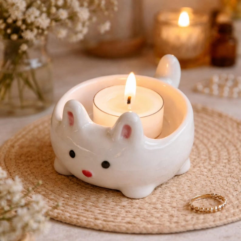 Keramik Häschen Teelichthalter, Kawaii Kaninchen Kerzenhalter, niedliches Tier Schmuck Schale, Ostern Tisch Dekor