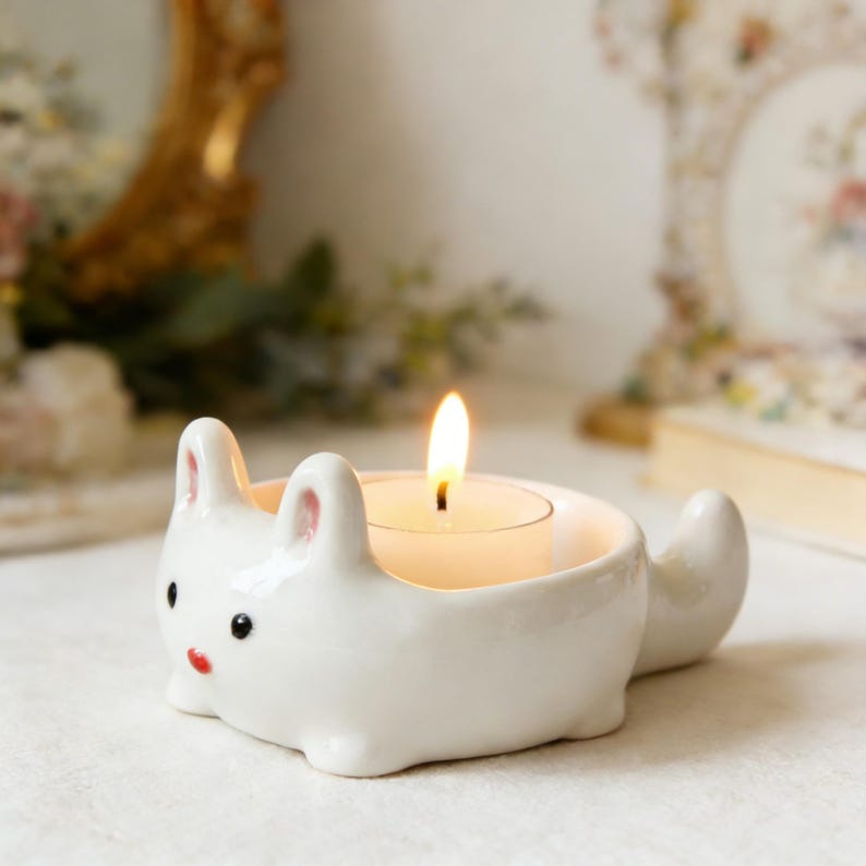 Keramik Häschen Teelichthalter, Kawaii Kaninchen Kerzenhalter, niedliches Tier Schmuck Schale, Ostern Tisch Dekor
