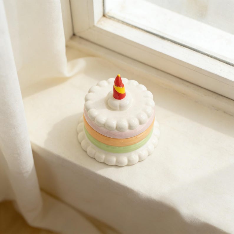 Keramik Geburtstagstorte Schmuckbox Pastell Regenbogen Layer Kuchen Schmuckschatulle Kawaii Aufbewahrungsbox mit Kerze
