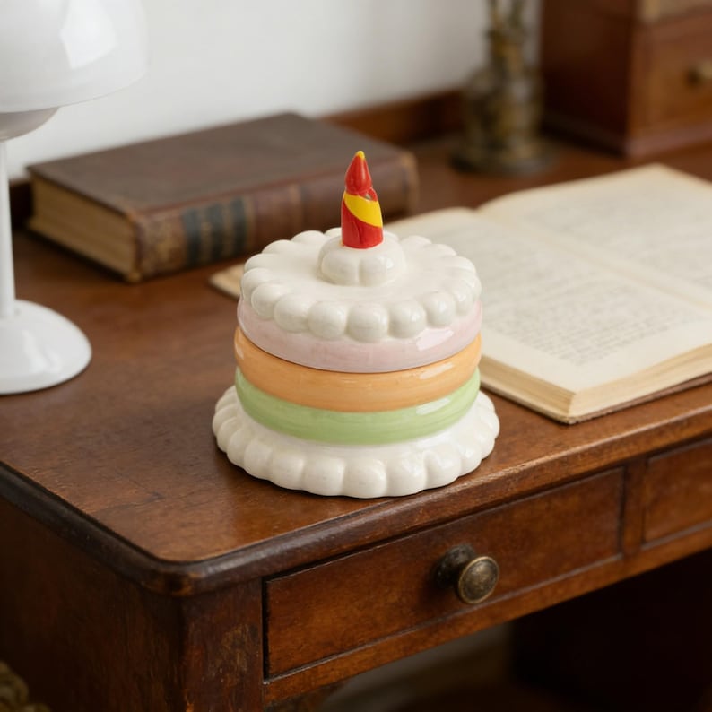 Keramik Geburtstagstorte Schmuckbox Pastell Regenbogen Layer Kuchen Schmuckschatulle Kawaii Aufbewahrungsbox mit Kerze