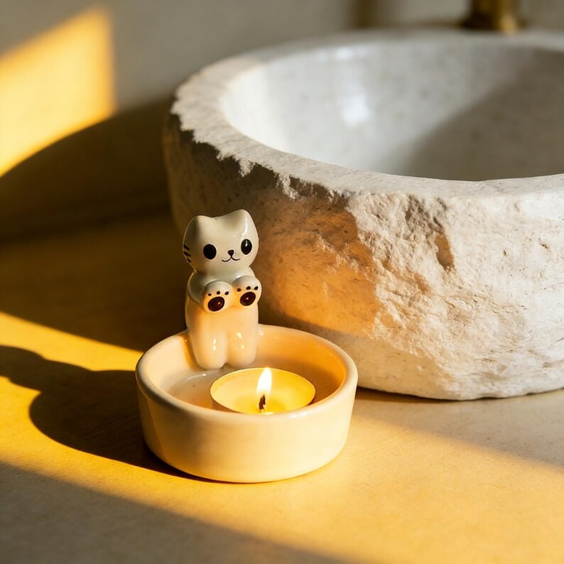 Kerzenhalter Katze Keramik 9,5cm Weiß