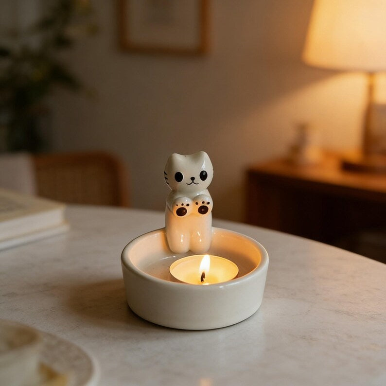 Kerzenhalter Katze Keramik 9,5cm Weiß