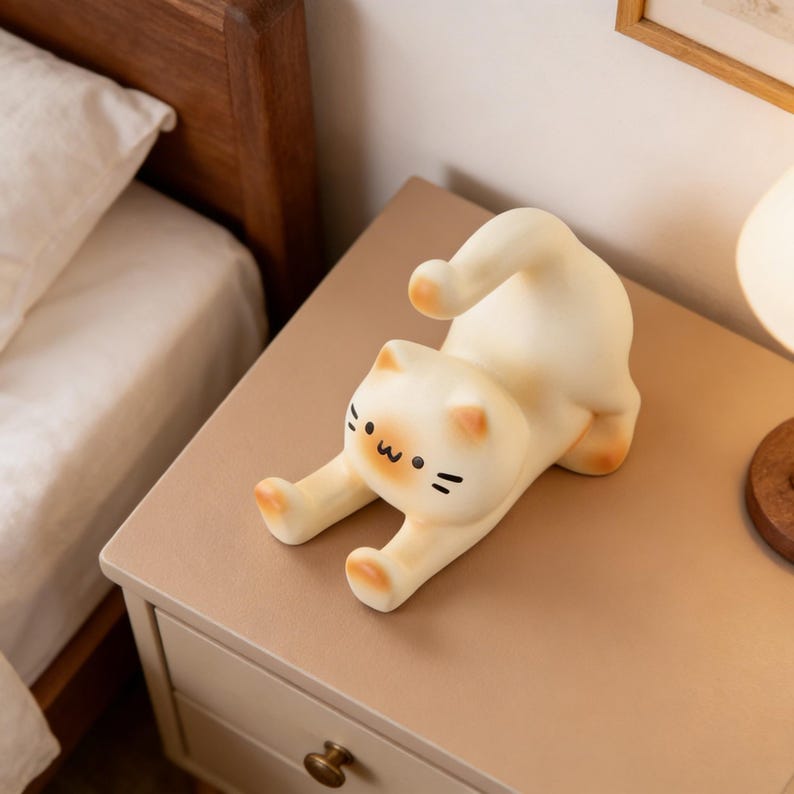 Keramik Stretching Cat Phone Stand, Kawaii Kätzchen Figur, Ästhetischer Tier Smartphone Halter