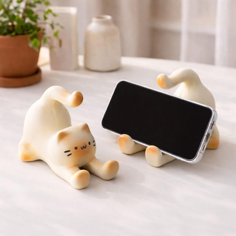 Keramik Stretching Cat Phone Stand, Kawaii Kätzchen Figur, Ästhetischer Tier Smartphone Halter