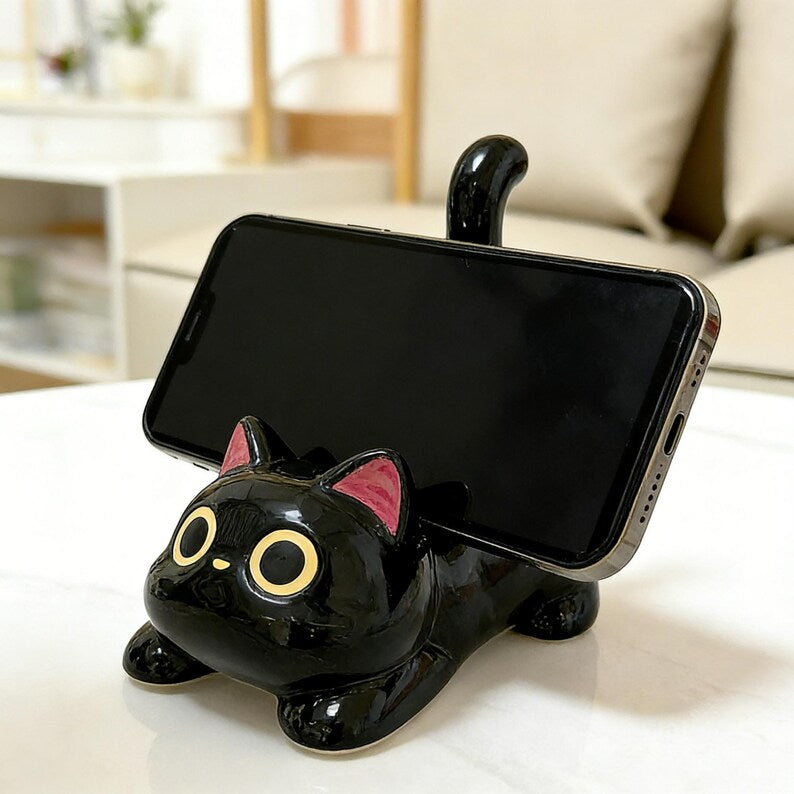 Keramik Katze Handyhalter für Schreibtisch, Schwarz, ästhetischer Smartphone Ständer, Kawaii Büro Dekor