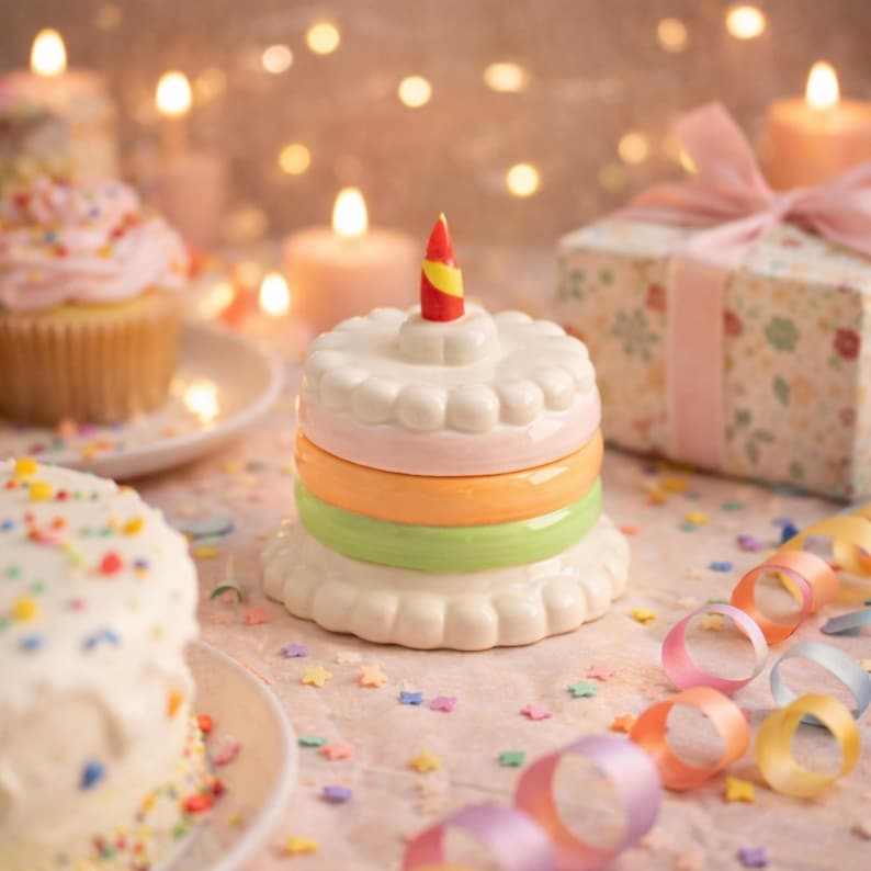 Keramik Geburtstagstorte Schmuckbox Pastell Regenbogen Layer Kuchen Schmuckschatulle Kawaii Aufbewahrungsbox mit Kerze