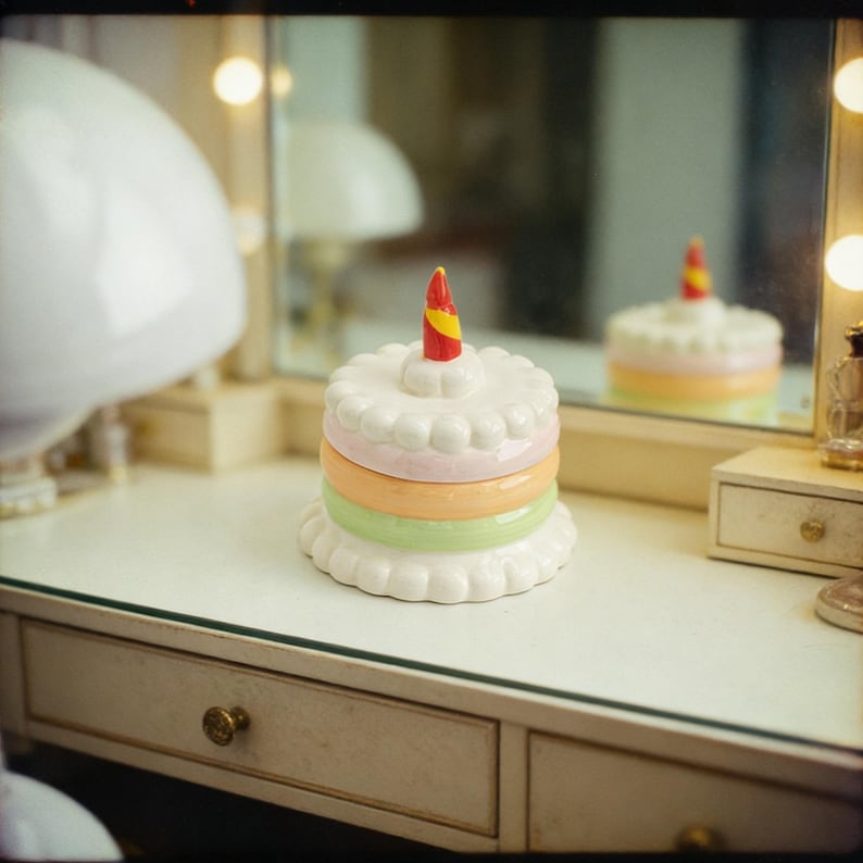 Keramik Geburtstagstorte Schmuckbox Pastell Regenbogen Layer Kuchen Schmuckschatulle Kawaii Aufbewahrungsbox mit Kerze