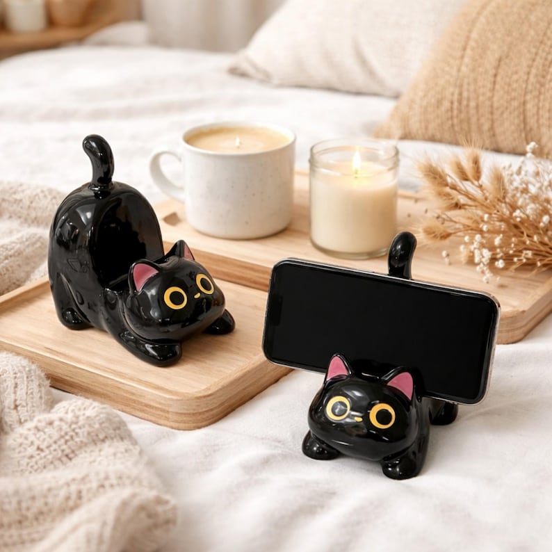 Keramik Katze Handyhalter für Schreibtisch, Schwarz, ästhetischer Smartphone Ständer, Kawaii Büro Dekor
