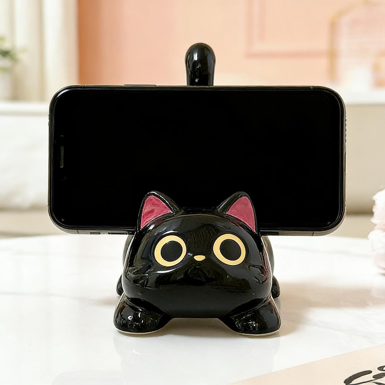Keramik Katze Handyhalter für Schreibtisch, Schwarz, ästhetischer Smartphone Ständer, Kawaii Büro Dekor