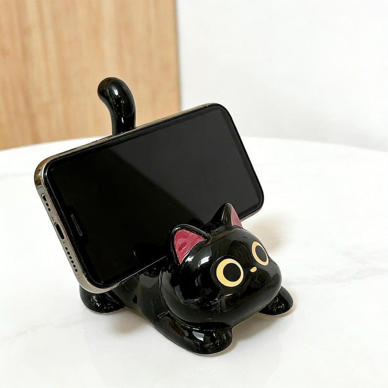 Keramik Katze Handyhalter für Schreibtisch, Schwarz, ästhetischer Smartphone Ständer, Kawaii Büro Dekor