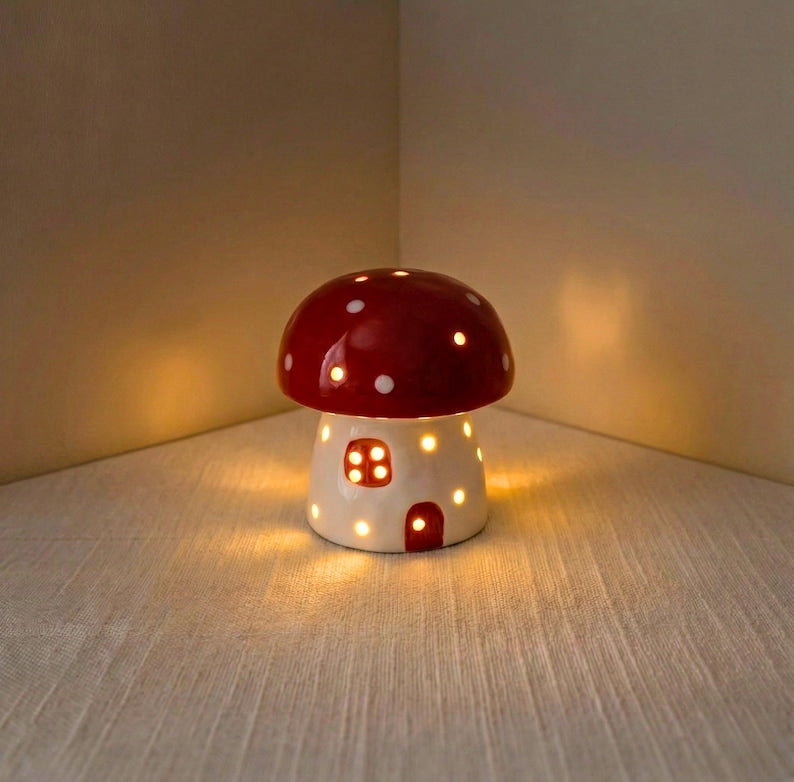Handgefertigte Keramik Pilz-Nachtlicht, LED, LR44 Batteriebetrieben, 9.7 cm, Rot, Hellrosa, Gelb, Blau, Dunkelrosa, Schwarz