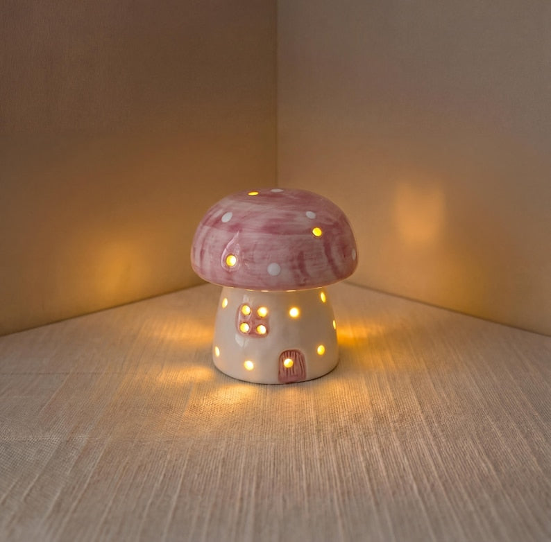 Handgefertigte Keramik Pilz-Nachtlicht, LED, LR44 Batteriebetrieben, 9.7 cm, Rot, Hellrosa, Gelb, Blau, Dunkelrosa, Schwarz