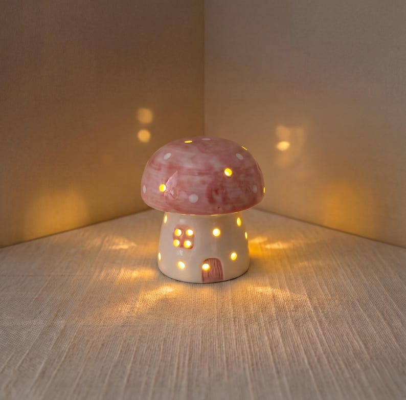 Handgefertigte Keramik Pilz-Nachtlicht, LED, LR44 Batteriebetrieben, 9.7 cm, Rot, Hellrosa, Gelb, Blau, Dunkelrosa, Schwarz