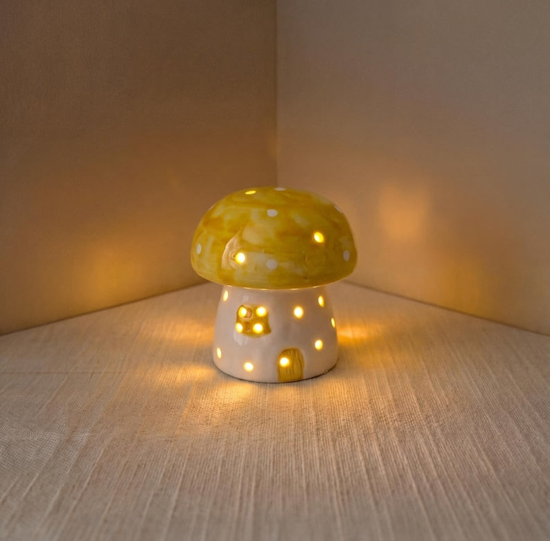 Handgefertigte Keramik Pilz-Nachtlicht, LED, LR44 Batteriebetrieben, 9.7 cm, Rot, Hellrosa, Gelb, Blau, Dunkelrosa, Schwarz