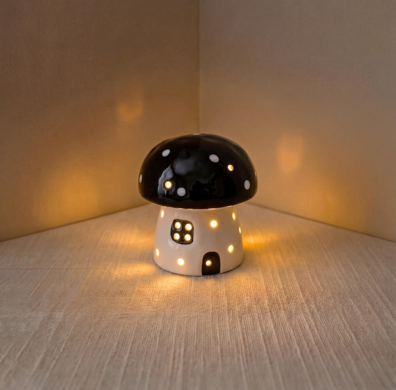 Handgefertigte Keramik Pilz-Nachtlicht, LED, LR44 Batteriebetrieben, 9.7 cm, Rot, Hellrosa, Gelb, Blau, Dunkelrosa, Schwarz
