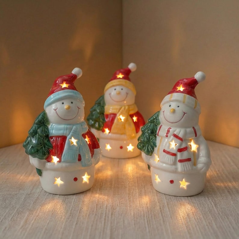 Keramik Schneemann Nachtlicht, Mini Weihnachten Schreibtischleuchte, LED, LR44