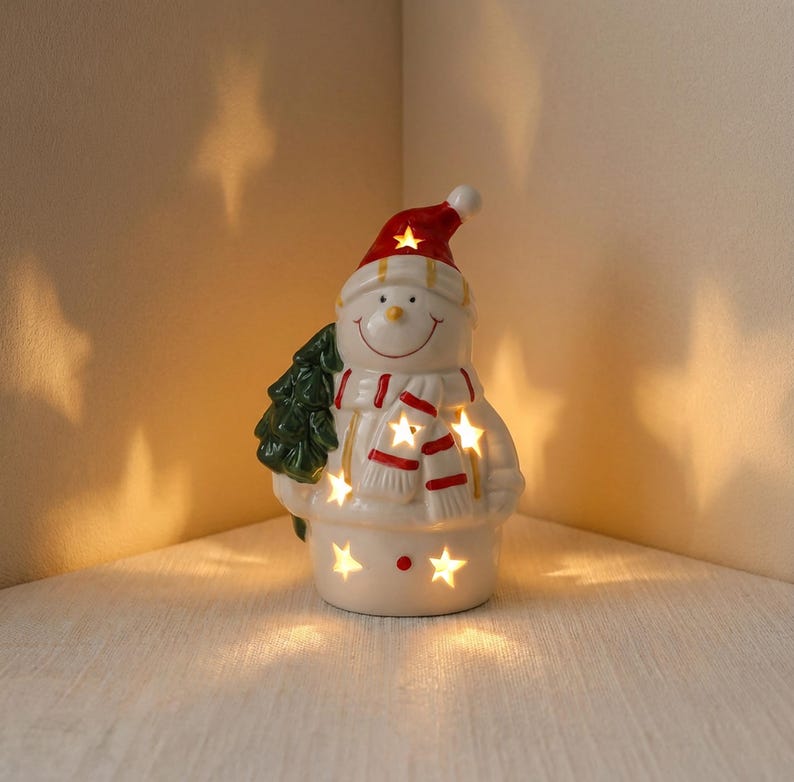 Keramik Schneemann Nachtlicht, Mini Weihnachten Schreibtischleuchte, LED, LR44