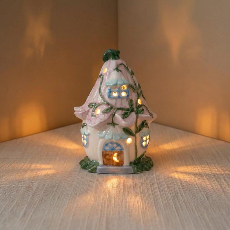 Keramik Nachtlicht Blumenhäuschen, Fairycore Schlafzimmer Dekor, Mini Regal Dekor, Schreibtisch Accessoire