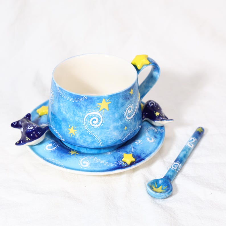 Sternennacht Keramik Wal-Tee-Set mit blauem Katzen-Griff