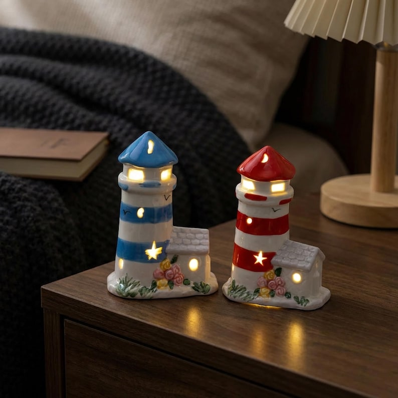 Keramik Leuchtturm Nachtlicht LED, Küstendekor, Nautische Schlafzimmer Dekor, Tischleuchte