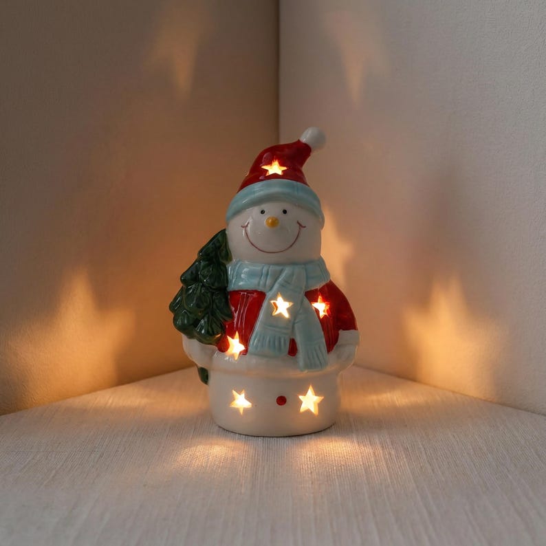 Keramik Schneemann Nachtlicht, Mini Weihnachten Schreibtischleuchte, LED, LR44