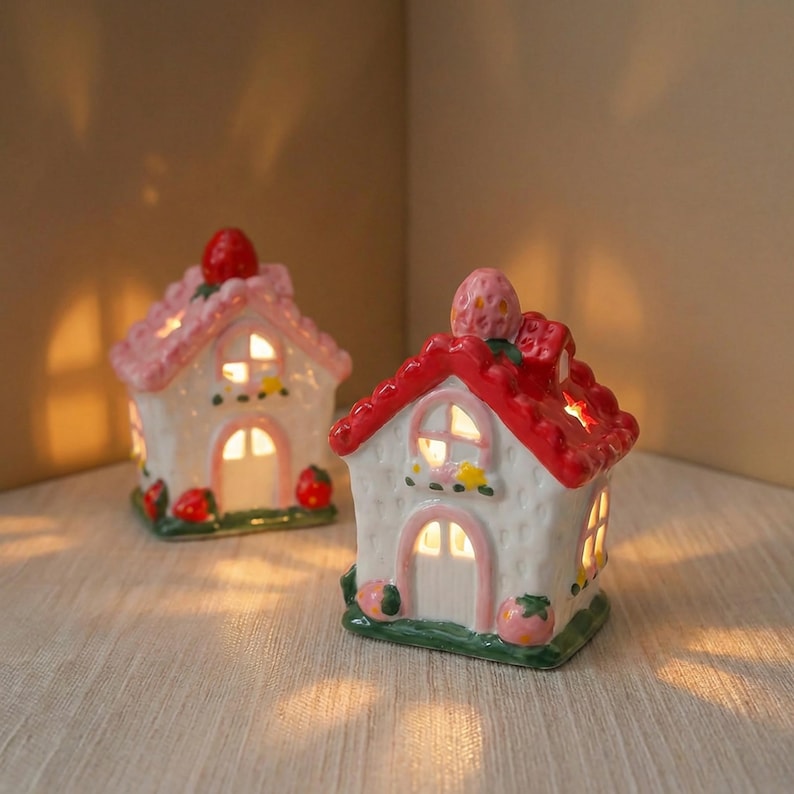 Keramik Nachtlicht Erdbeerhaus, handbemalt, Kawaii Cottagecore Schlafzimmer Dekor, LED, LR44