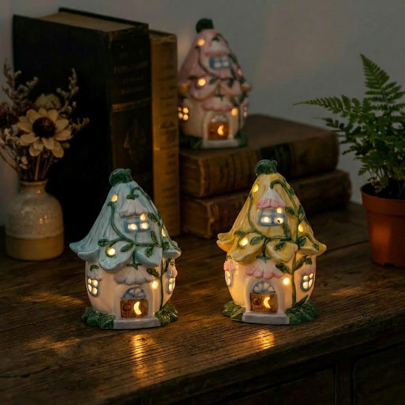 Keramik Nachtlicht Blumenhäuschen, Fairycore Schlafzimmer Dekor, Mini Regal Dekor, Schreibtisch Accessoire