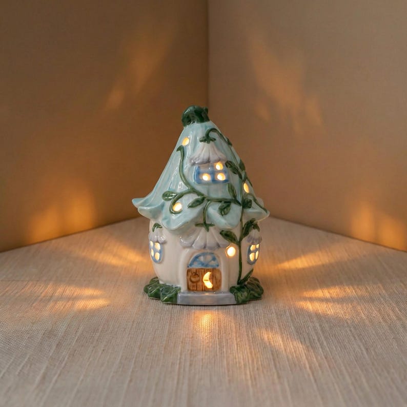 Keramik Nachtlicht Blumenhäuschen, Fairycore Schlafzimmer Dekor, Mini Regal Dekor, Schreibtisch Accessoire
