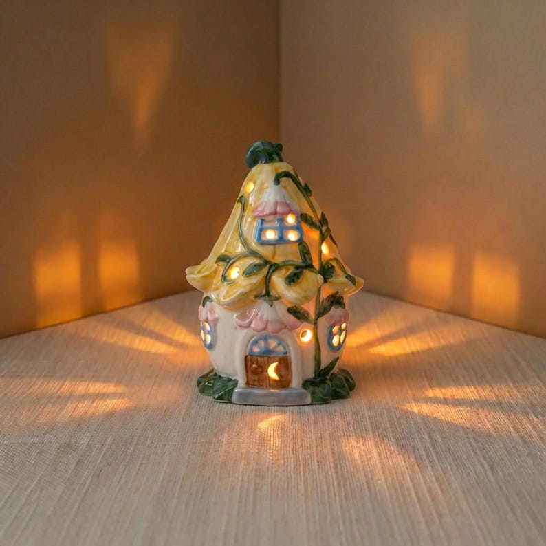Keramik Nachtlicht Blumenhäuschen, Fairycore Schlafzimmer Dekor, Mini Regal Dekor, Schreibtisch Accessoire