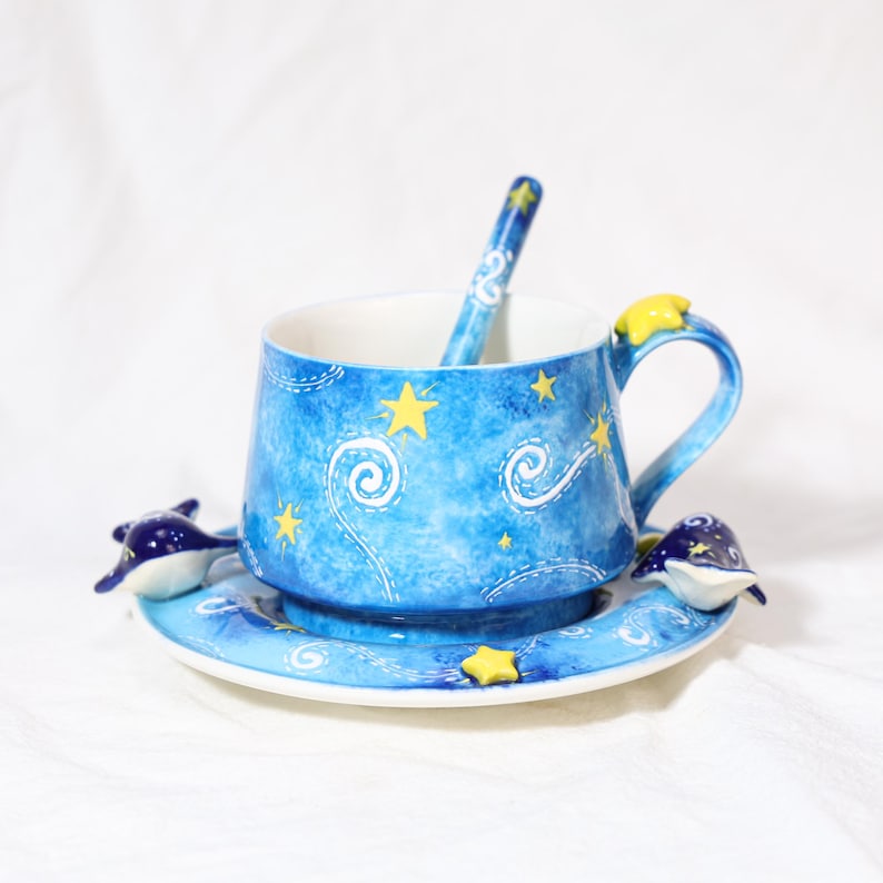 Sternennacht Keramik Wal-Tee-Set mit blauem Katzen-Griff