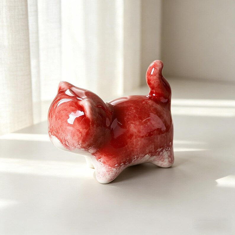 Handgefertigte Keramik Katze Tee Haustier Figur - Ofenglasierte Kätzchen, Schreibtisch Dekoration, 6,5 cm
