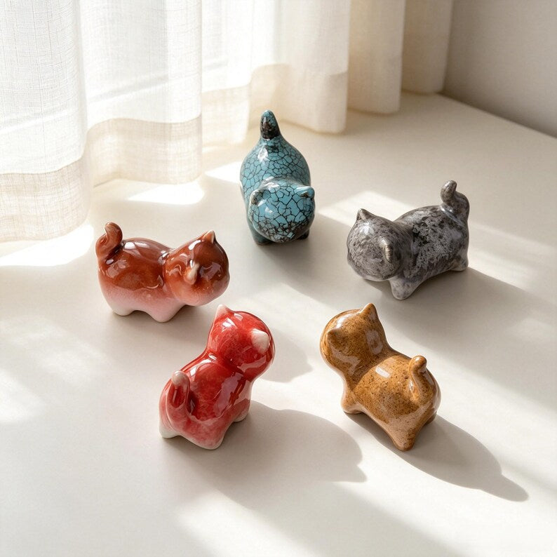Handgefertigte Keramik Katze Tee Haustier Figur - Ofenglasierte Kätzchen, Schreibtisch Dekoration, 6,5 cm