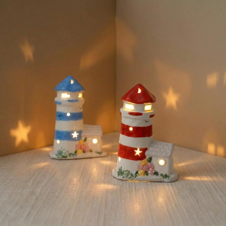 Keramik Leuchtturm Nachtlicht LED, Küstendekor, Nautische Schlafzimmer Dekor, Tischleuchte