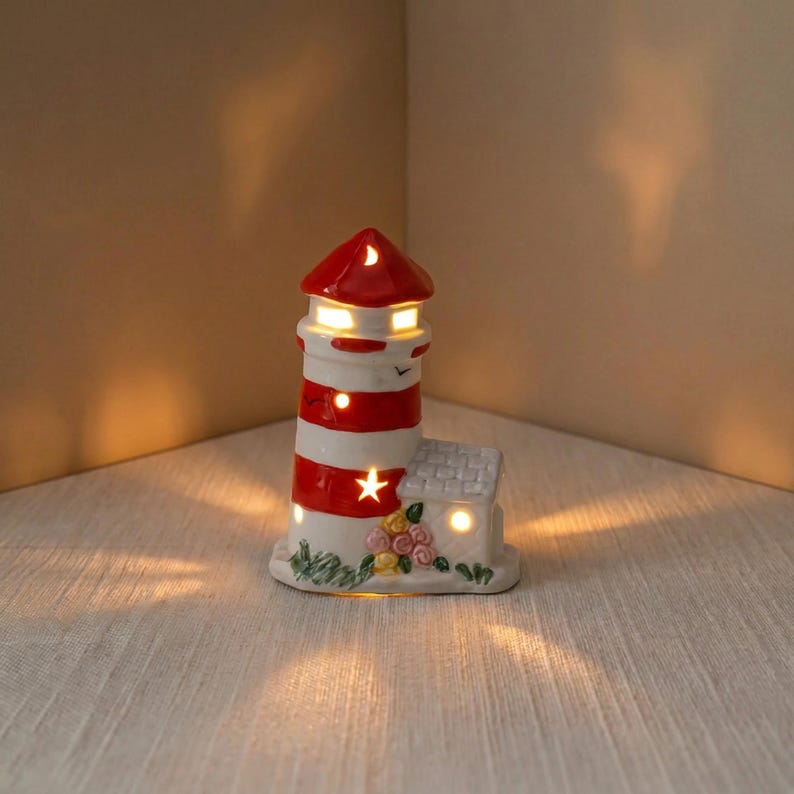 Keramik Leuchtturm Nachtlicht LED, Küstendekor, Nautische Schlafzimmer Dekor, Tischleuchte