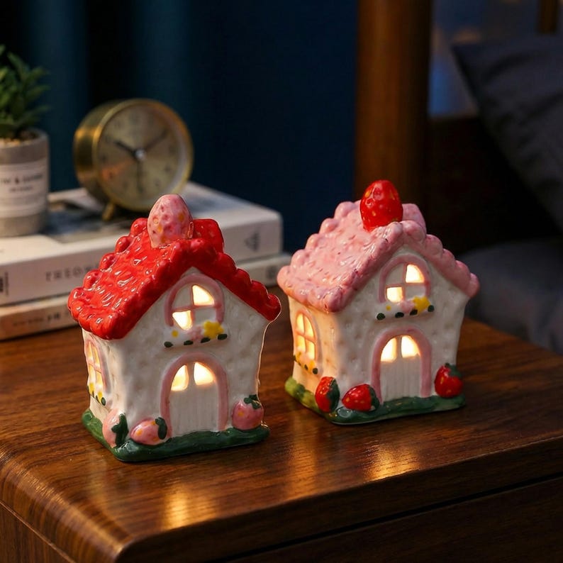Keramik Nachtlicht Erdbeerhaus, handbemalt, Kawaii Cottagecore Schlafzimmer Dekor, LED, LR44