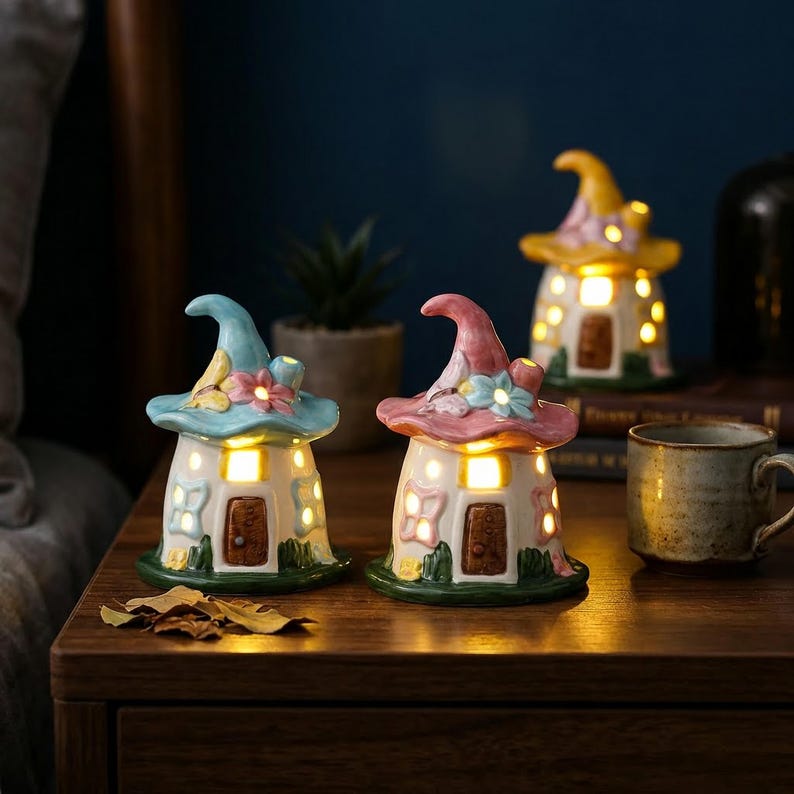 Keramik Pilz Gnom Cottage Nachtlicht, Hut Haus Lampe, Cottagecore Dekor, Schmetterling Blumen Regal Dekor, Wunderliches Schlafzimmer Licht