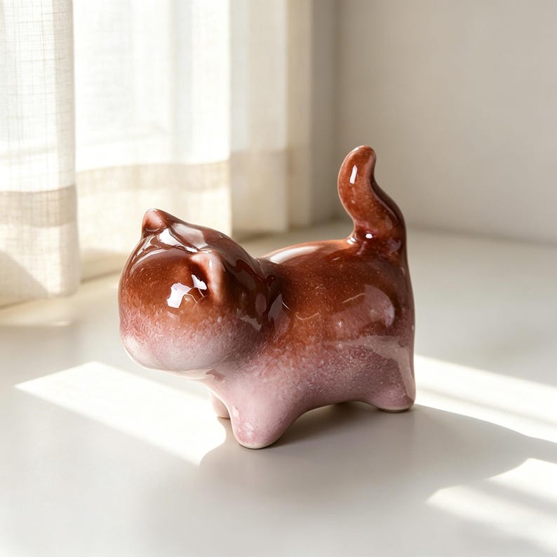 Handgefertigte Keramik Katze Tee Haustier Figur - Ofenglasierte Kätzchen, Schreibtisch Dekoration, 6,5 cm