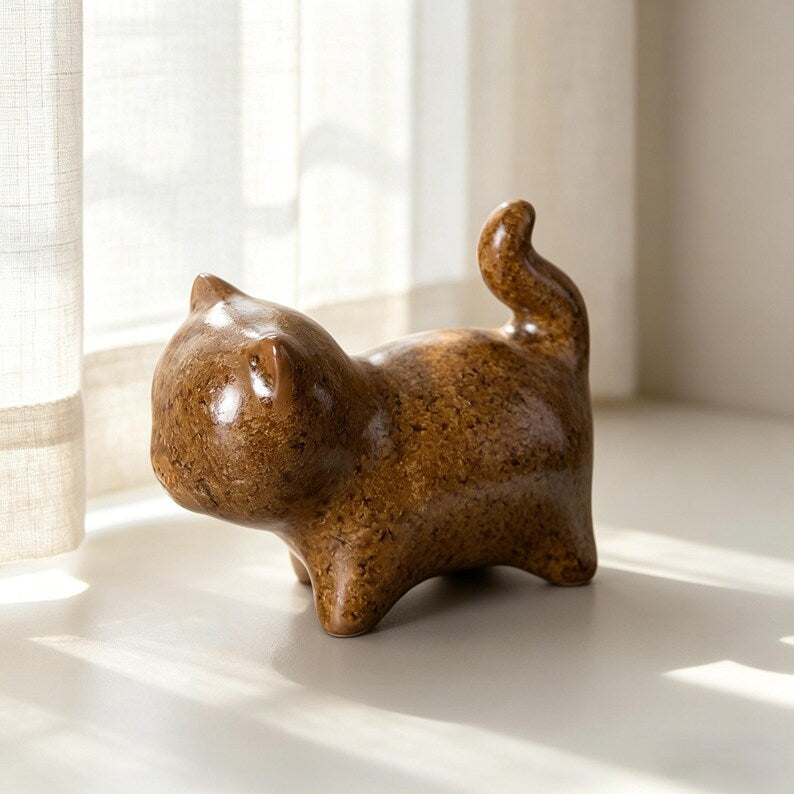 Handgefertigte Keramik Katze Tee Haustier Figur - Ofenglasierte Kätzchen, Schreibtisch Dekoration, 6,5 cm