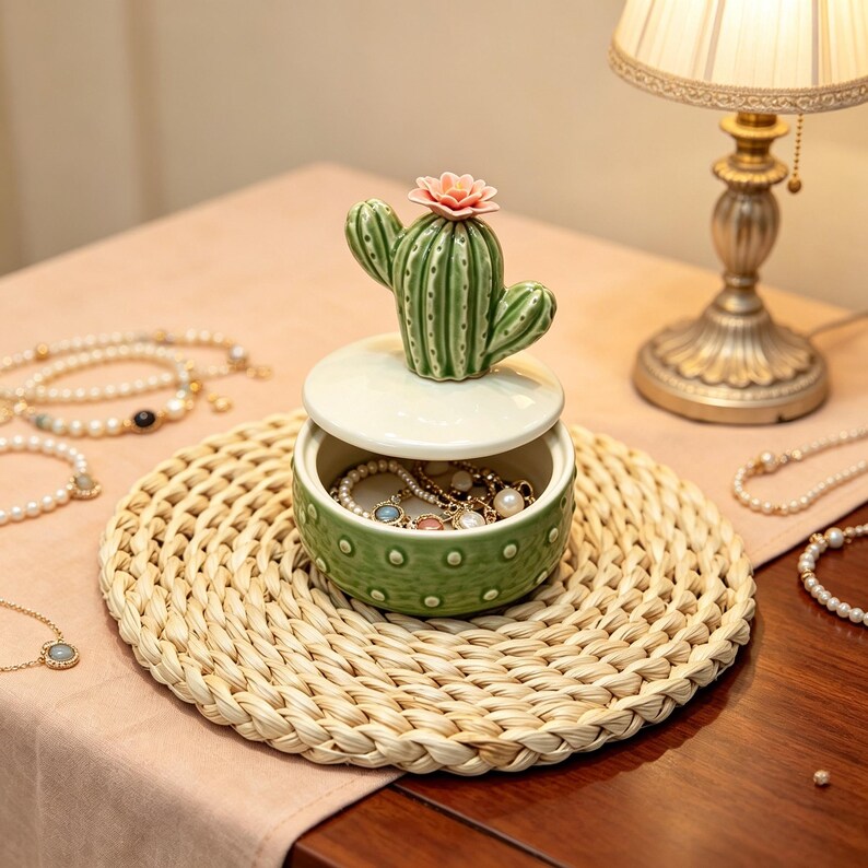 Kaktus Keramik Schmuckschatulle, grünes Trinket Aufbewahrungsglas, Boho Schreibtischdekor