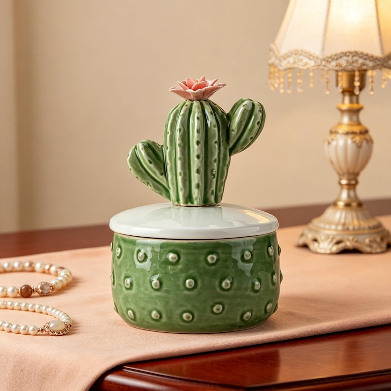Kaktus Keramik Schmuckschatulle, grünes Trinket Aufbewahrungsglas, Boho Schreibtischdekor