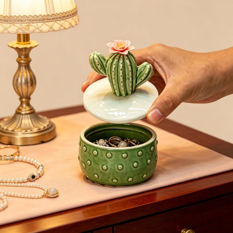 Kaktus Keramik Schmuckschatulle, grünes Trinket Aufbewahrungsglas, Boho Schreibtischdekor