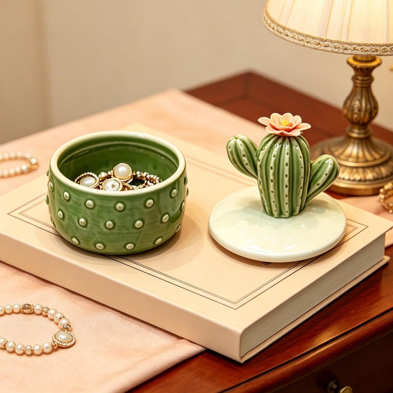 Kaktus Keramik Schmuckschatulle, grünes Trinket Aufbewahrungsglas, Boho Schreibtischdekor