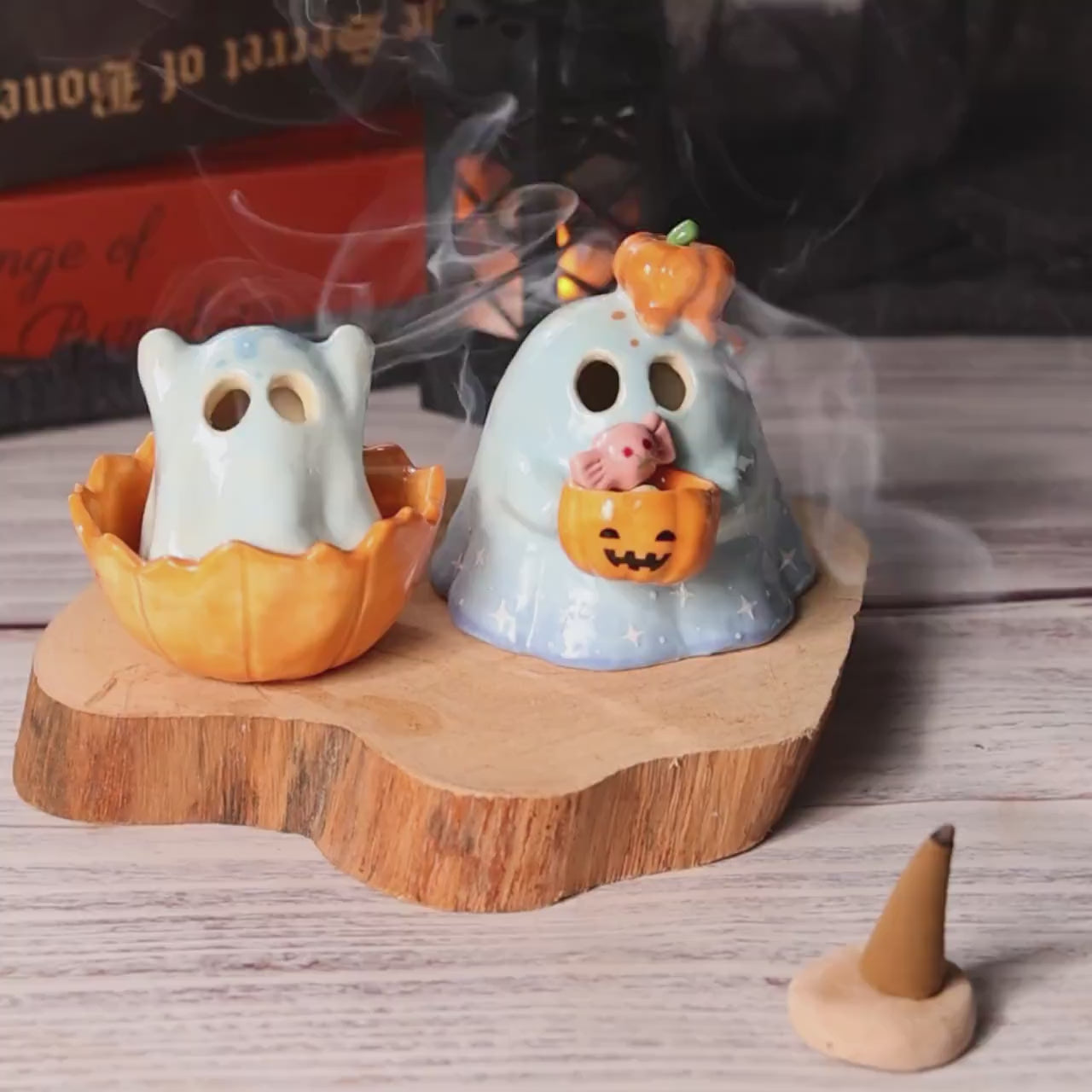 Keramik Kürbis Geist Räuchergefäß Kerzenhalter Halloween Tischdekoration Handgemacht Blau 2er-Set